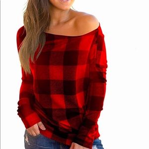 COPY - Off Shoulder Top Long Sleeve Plaid Tee Shirt Blouse